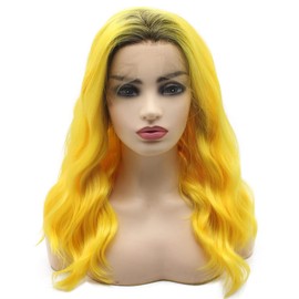 Peakia Shoulder Length Wavy Dark Roots Yellow Half Hand Tied Lace Front Wig Synthetic, Pink, 1.0 Count