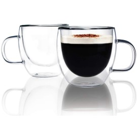 Kitchenexus - Juego de 2 tazas de café expreso de vidrio con aislamiento térmico de doble pared de 6 onzas, con asa, taza de espresso, tazas de café para espresso y capuchino, gran regalo para los amantes del café