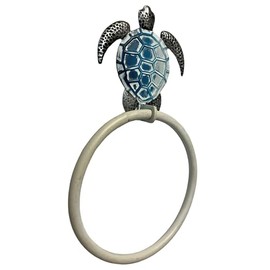 De Leon Collections Bathroom Kitchen Decorative Hand Towel Ring Hanger, 6.5 Inch Metal, Blue Sea Turtle
