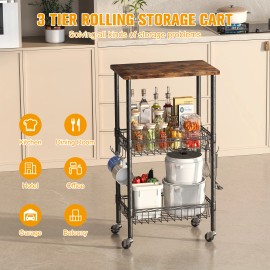 3-Tier Rolling Kitchen Storage Cart with Adjustable Wire Baskets Mobile Utility Rack on Caster Wheels Metal Shelf Unitcolor: Brown