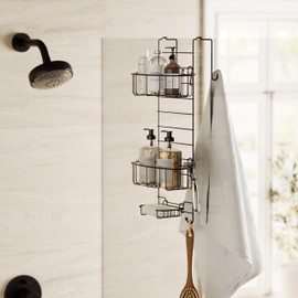 Zenna Home Shower Caddy Hanging Over the Shower Door Organizer, Stainless Steel Rack with 2 Shelves and Built in Hooks, Bathroom Organizer Shelf for Inside Shower, Heritage Bronze