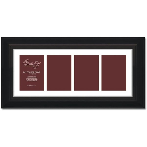 Craig Frames 21834700BK 9 by 22-Inch Black Picture Frame, Single White Collage Mat with 4-5 by 7-Inch Openings