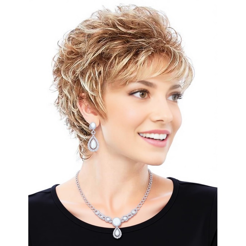 TISHINING Pelucas Cortas De Corte Pixie Rubio Mixto Para Mujeres