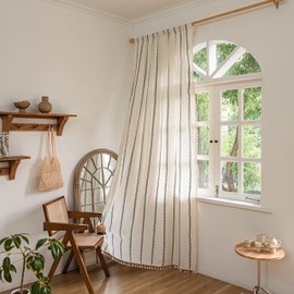 Sutuo Home Boho Curtains for Bedroom Living Room 90 Inches Long,Bohemian Curtain,Light Filtering Country Rustic Semi Blackout Farmhouse Drape Rod Pocket, 1 Panel W52 x L90,White and Hunter Green