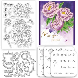 ACRNIGHEET Flowers Clear Stamps and Dies for Card Making Layering Coloring Stencil Set Metal Cutting Die Peony Floral Template for Album Paper Scrapbooking DIY Embossing Crafting Supplies