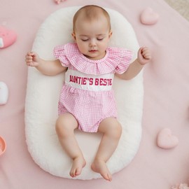 Aunties Bestie Baby Girl Clothes Aunt Saying Letter Embroidery Smocked Bubble Romper One-piece Ruffle Plaid Bodysuit (Pink, 3-6 Months)