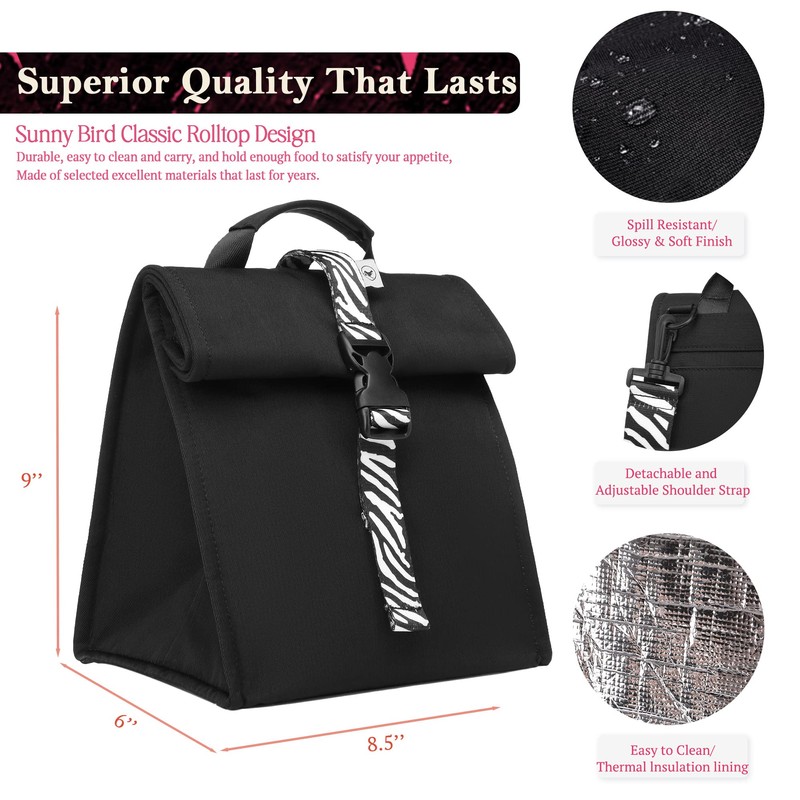 SUNNY BIRD Insulated Lunch Bag Rolltop Lunch Box Tote Bag