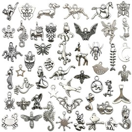 Kinteshun Zoo Animals Charms Alloy Multistyle Sea Creatures Insects Birds Charm Pendant for DIY Jewelry Making Accessaries (50pcs;Silver)
