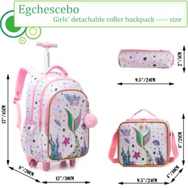 Egchescebo Kids Rolling Backpack for Girls Mermaid Suitcases Trolley Roller Luggage Backpacks on Wheels with Lunch Box Pencil Case for Elementary Multiple Compartment Pockets Travel School Bag Pink