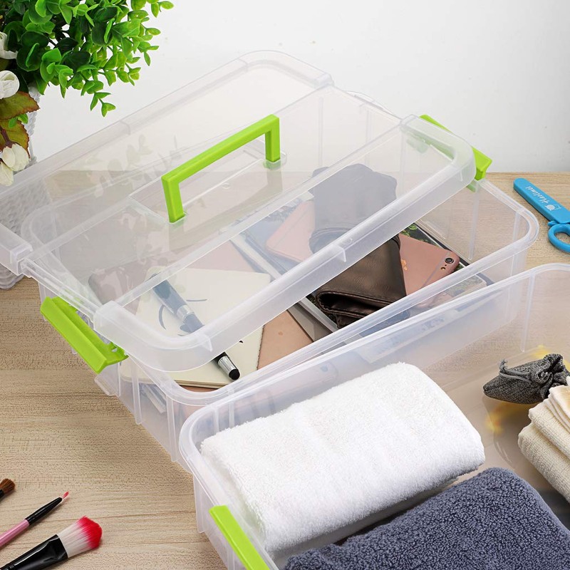 JUXYES 2-Tiers Stack Carry Storage Box With Handle, Transparent Stackable