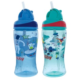 Nuby 2-Pack Thirsty Kids No-Spill Flip-it Printed Boost Cup with Thin Soft Straw - 12oz, 18+ Months, 2-Pack, Blue Astronaut & Aqua Mountain