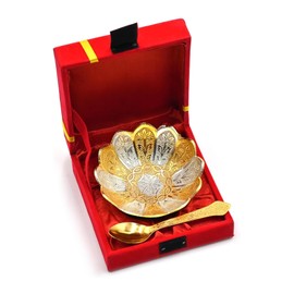NOBILITY Bowl Spoon Set Gold and Silver Plated Light Weight with Red Velvet Box Friends Family Corporate Gift Items Diwali Christmas Eid Wedding Return Home Decoration Dessert Dry Fruits Serving Gifts