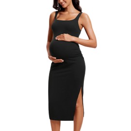 CRZ YOGA Women Butterluxe Sleeveless Tank Maternity Dress Split Ruched Pregnancy Square Neck Bodycon Dress Casual Baby Shower Black Medium