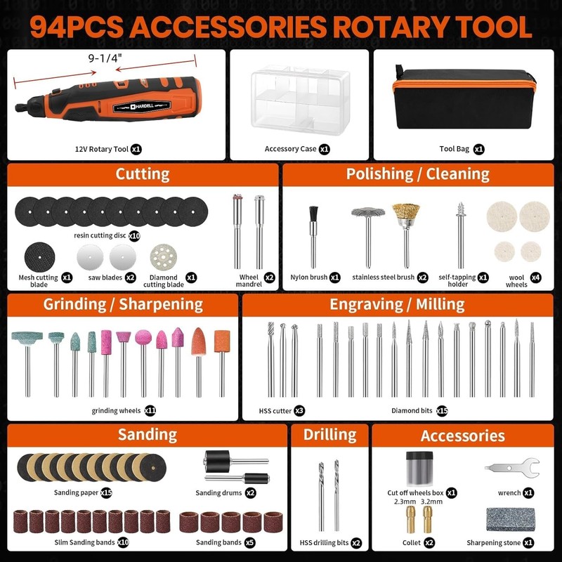 HARDELL 12V Cordless Rotary Tool, 6-Speeds Rotary Tool Kit, 30000RPM