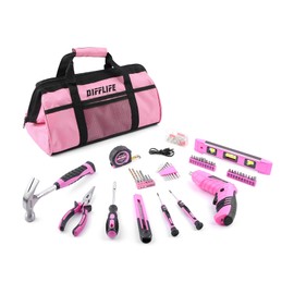 DIFFLIFE Pink Tool Bag, 126-Piece Lady's Home Repairing Tool Set with 13-Inch Wide Mouth Open Storage Tool Bag…