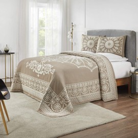 Superior Cotton Blend Bedspread 3-Piece Set, Light Weight Blanket, 2 Matching Pillow Shams, Oversized Bedding, Traditional Bedroom, Jacquard Medallion Decor, Kymbal Collection, King, Taupe