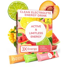 Clean Energy Drink Powder | Natural Caffeine, Electrolytes, and B Vitamins for Hydration, Focus, and Vitality | Zero Sugar, Long-Lasting Energy Boost | 30 Convenient Packets