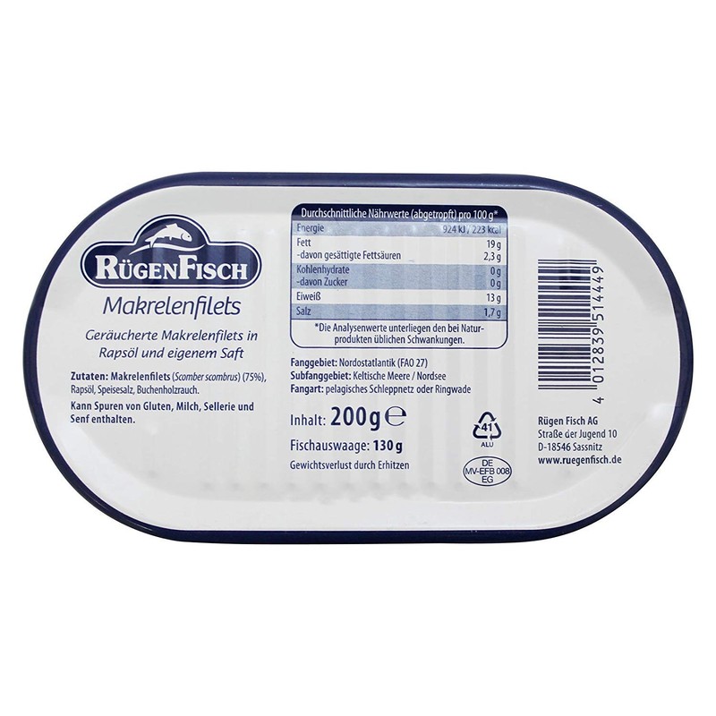 RügenFisch Smoked Mackerel in Natural Juices, 6.7 Ounce
