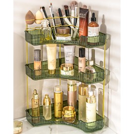 NATURE'S SOURCE Makeup Organizer for Vanity, 3-Tier Corner Bathroom Organizer Countertop with Makeup Brush Holder, Corner Counter Storage for Bathroom Dresser- Green