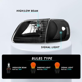 TUSDAR Headlight Assembly Compatible with 97-03 Ford F150 / 04 Ford Heritage / 97-02 Ford Expedition / 97-99 Ford F250 w/Corner Lights 4pcs, Black Housing with Clear Reflector