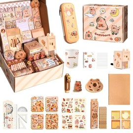 Lotvic Capybara Stationery Set, Capybara Pencil Case with Pencils, Pencil Sharpener, A5 Notebook, Pocket Notebook, Ruler, Eraser, Sticky Notes, Capybara Stationery Set for Kids Students Back to School