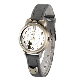 DREAMING Q&P Damen Analog Quarz Uhr mit Grau Echtleder Armband Katze Design MW234B