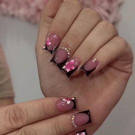 GlamRays 24 Pieces Black French Tip Sticker Nails Short Square Fake Nails with Crystal Charms Design Pink Hibiscus Flowers