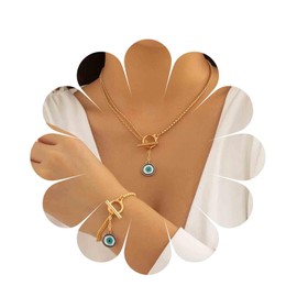 Inilbran Boho Layered Evil Eye Necklace Blue Evil Eye Choker Necklace Vintage Devil Eye Necklace Chain Gold Demon Eye Protection Necklace Chain Jewelry for Women and Girls