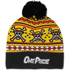 Ripple Junction One Piece Straw Hat Crew Adult Anime Mens Womens Fitted Knit Winter Hat Pom Pom Beanie Black and Yellow