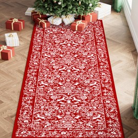 HUGEAR Christmas Area Rug 2x6 Runner Rugs Machine Washable Hallway Rugs Low Pile Carpet Red/White Non-Slip Indoor Door Mat Christmas Deer Rug for Bedroom Kitchen Entryway Bathroom