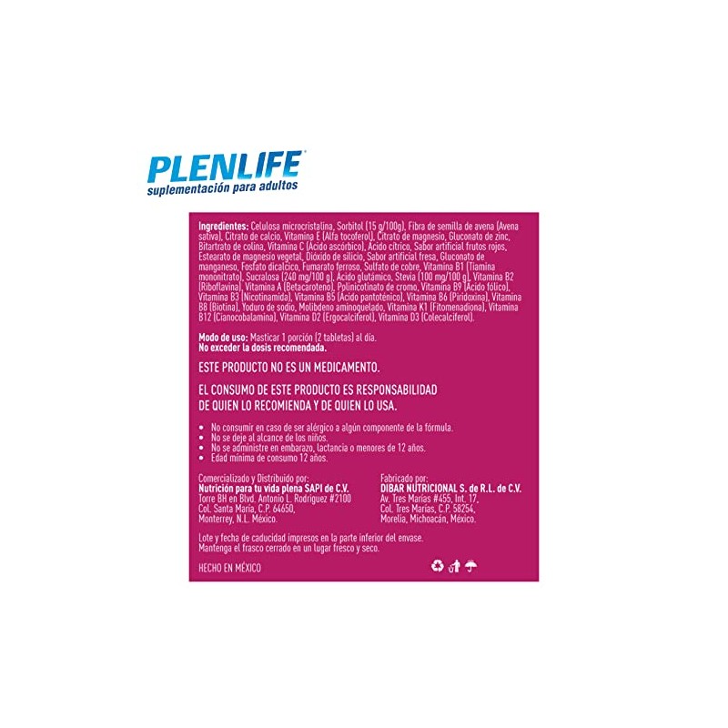 PLENLIFE Multivitaminas tabletas masticables complejo B sabor fresa 60 u.