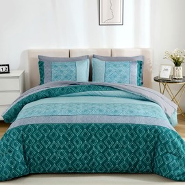 Dinjoy Teal Queen Comforter Set Boho, Striped 7 Piece Bed in a Bag Queen Size Warm Green Bedding Sets Plaid Comforters Bed Set with Sheets for Family All Season