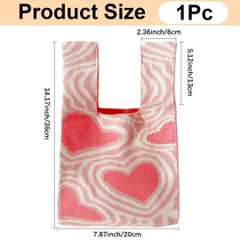BEAMARKER Heart Print Women's Wrist Knotted Tote Bags Pink Cartoon Small Crochet Wristlet Handbags Polyester Mini Knitted Gift Bags Daily Shopping Handbag Aesthetic Cute Knit Purse for Women
