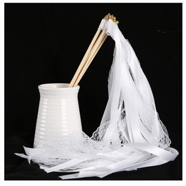 Egurs Magic Wands with Ribbon Bells for Wedding Pack of 50 Lace Fairy Stick Streamers Lace Ribbon Magic Wands Wedding Walls for Wedding, Christmas, Birthday, Party, White, Pack of 50