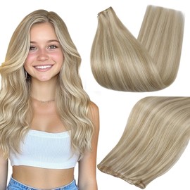 Full Shine Hair Weft Remy Human Hair Extensions Genius Weft Extensions Real Hair Color Golden Blonde Highlighted Medium Blonde Hair Extensions 16 Inch 50G