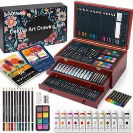 COOL BANK Wooden Deluxe Art Set with Acrylic Paints Colored Pencils & Drawing Pads, Holiday Birthday Gift for Kids Artists, Easter Halloween Christmas Art Supplies