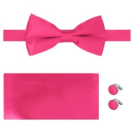 Dan Smith Man Bow Ties Silk Touch Bowtie Hankies Cuff-Links Set Clip-On Adjustable Famliy Shirt, Deep Pink-c.c.o.ah.005, Bowtie Hanky Cufflink Set