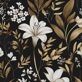 BOKEBEVE Vintage Wallpaper Peel and Stick Black Gold Leaf Wall Paper Retro Floral Contact Paper for Bedroom Cabinet Drawer Countertop Removable Renter Friendly 17.5 x 393.5In