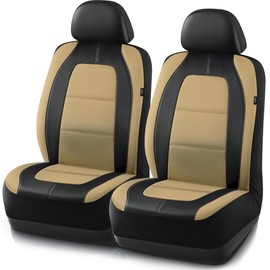 Road Comforts Car Seat Cover, Leather Car Seat Covers, Front Low Back Sport Seat Covers, Airbag Compatible, Universal Fits for Most Cars (Beige)