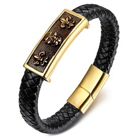 BOBIJOO JEWELRY - Bracelet VRAI Cuir Noir Tête de Mort Fleur de LYS Templier Acier Or Homme 21 cm, Leather