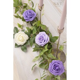 N&T NIETING Purple Roses Artificial Flowers 25Pcs Fake Flowers Foam Roses with Stems for DIY Wedding Bridesmaid Bridal Bouquets Centerpieces Party Home Decoration Baby Shower, Series Purple