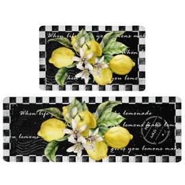 Lemon Kitchen Mat Set of 2 Anti Fatigue Kitchen Rugs Black and White Buffalo Plaid Comfort Standing Cushioned Kitchen Rugs and Mats Set for Kitchen Sink Laundry Room Office, 17.3" x28" + 17.3" x 47"