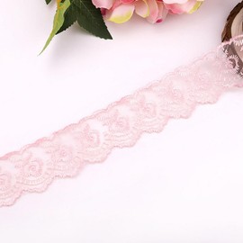 Tongdejing 10 Yards Floral Lace Embroidery Trim, Pink Polyester Fabric for DIY Craft, Wedding Bridal Dress