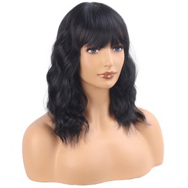 Short Black Wavy Bob Wig with Bangs Black Curly Wavy Wigs for Women Synthetic Shoulder Length Water Wave Wig Heat Resistant Wig for Daily Party Use