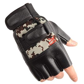 ENJHIKE Fingerless Genuine Faux Leather Men Gloves Half Finger Driving Cycling Bike Motorcycle Outdoor Sport Gloves (Imitation Deer Skin Camouflage)
