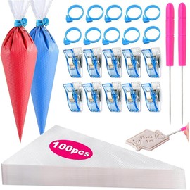 122 Piezas kit de reposteria, Manga Pastelera Incluye 100 manga pasteleras desechables, correa para mangas pasteleras, aguja desaireadoras para fondant y clip de sellado