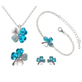 Phoenix Lucky Four Leaf Crystal Clover Necklace & Bracelet & Earrings & Brooches Total 4 Piece Set, Quartz