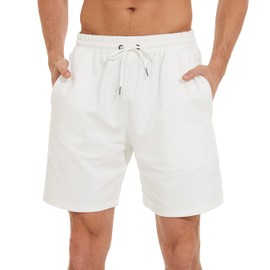 HEALONG Pantalones cortos deportivos para hombre de algodón: entrenamiento, gimnasio, correr, ejercicio, entrenamiento, 7 pulgadas, cordón de moda, deportes con bolsillos con cremallera, Blanco, Large