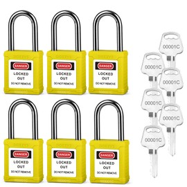 BOZZYS Lockout Tagout Locks 6 Pack｜OSHA Yellow Loto Locks Keyed Alike｜6 Same Keys/Set for Industrial Machinery & Electrical Panels｜Chrome Steel & Laser Coding
