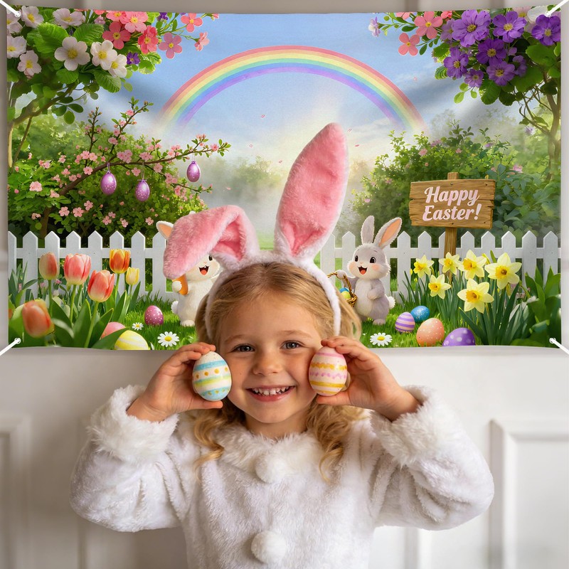 Easter Backdrop for Photography Banner - High-Density Non-Reflective Fabric Happy